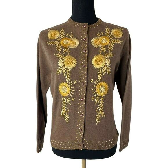 Vintage Knit Cardigan Dark Brown Wool Blend Hand Embroidered‎ Yellow Flowers S/M - Picture 5 of 12